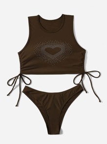 Heart Print Drawstring Bikini Swimsuit