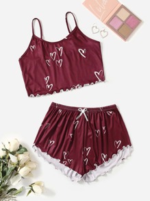 Heart Print Lettuce Trim PJ Set