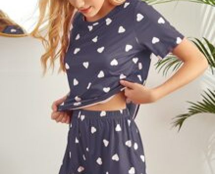Heart Print Round Neck Pajama Set