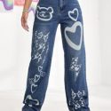 Heart & Bear Print Straight Leg Jeans