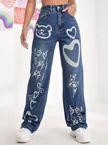 Heart & Bear Print Straight Leg Jeans