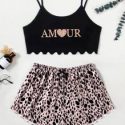 Heart & Letter Graphic Lettuce Trim Cami PJ Set