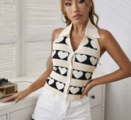 Heart & Striped Button Front Knit Top