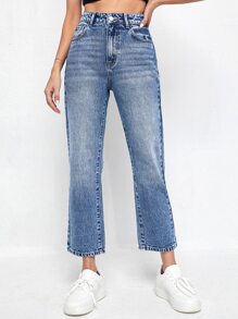 High Waist Bleach Wash Straight Leg Jeans