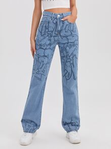 High Waist Graphic Print Jeans