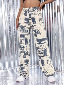 High Waist Graphic Print Wide Leg Jeans