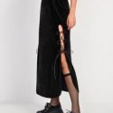 High Waist O-ring Lace Up Side Velvet Slit Skirt