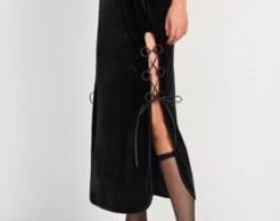 High Waist O-ring Lace Up Side Velvet Slit Skirt