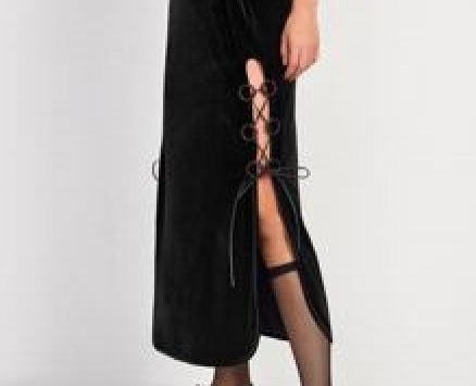 High Waist O-ring Lace Up Side Velvet Slit Skirt