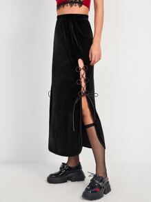 High Waist O-ring Lace Up Side Velvet Slit Skirt