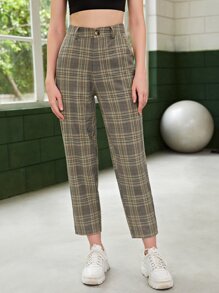 High Waist Plaid Print Pants