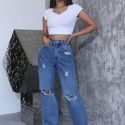 High Waist Ripped Detail Jeans