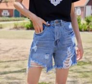 High Waist Ripped Raw Hem Denim Shorts