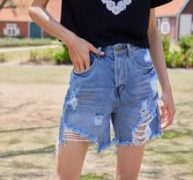High Waist Ripped Raw Hem Denim Shorts