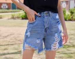 High Waist Ripped Raw Hem Denim Shorts