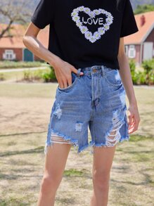 High Waist Ripped Raw Hem Denim Shorts