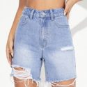 High Waist Ripped Raw Hem Denim Shorts