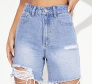 High Waist Ripped Raw Hem Denim Shorts