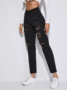 High Waist Ripped Straight Leg Jeans