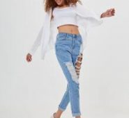 High Waist Roll Hem Ripped Skinny Jeans