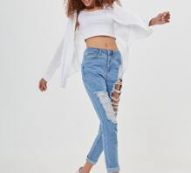 High Waist Roll Hem Ripped Skinny Jeans