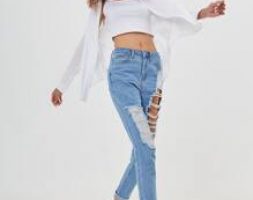 High Waist Roll Hem Ripped Skinny Jeans