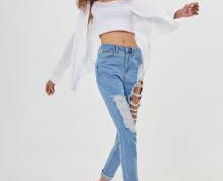 High Waist Roll Hem Ripped Skinny Jeans