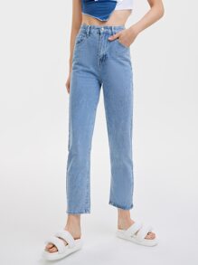 High Waist Slant Pocket Straight Jeans