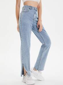 High Waist Slit Hem Jeans