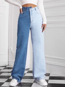 High Waist Two Tone Wide Leg Jeans