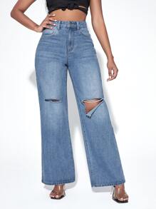 High Waist Wide Leg Ripped Jeans