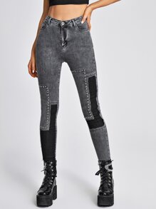 High Waisted Colorblock Skinny Jeans