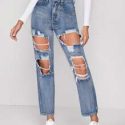 High Waisted Distressed Slant Pocket Baggy Jeans