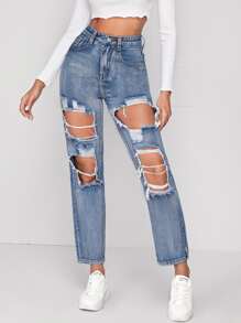 High Waisted Distressed Slant Pocket Baggy Jeans