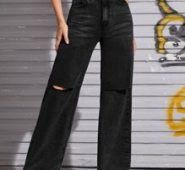 High Waisted Knee Ripped Button Fly Jeans