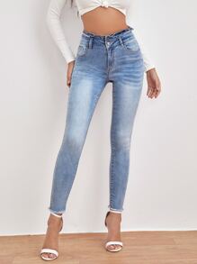 High Waisted Raw Hem Skinny Jeans