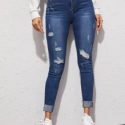 High Waisted Ripped Cuffed Hem Skinny Jeans