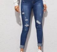 High Waisted Ripped Cuffed Hem Skinny Jeans