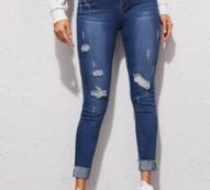 High Waisted Ripped Cuffed Hem Skinny Jeans