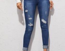 High Waisted Ripped Cuffed Hem Skinny Jeans