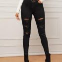 High Waisted Ripped Skinny Jeans Without Belt