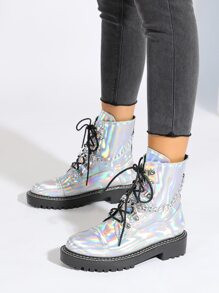 Holographic Chain Decor Combat Boots