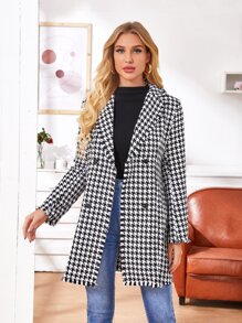 Houndstooth Double-Breasted Tweed Coat