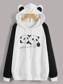 Japanese Letter And Panda Print Sweatshirt