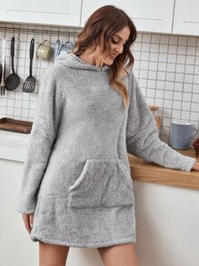 Kangaroo Pocket Hooded Flannel Lounge Dress