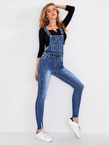 Kangaroo Pocket Ripped Raw Hem Skinny Denim Overalls