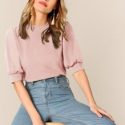 Keyhole Back Mock-neck Puff Sleeve Top