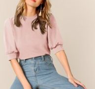 Keyhole Back Mock-neck Puff Sleeve Top