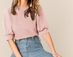 Keyhole Back Mock-neck Puff Sleeve Top