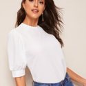 Keyhole Back Mock-neck Puff Sleeve Top